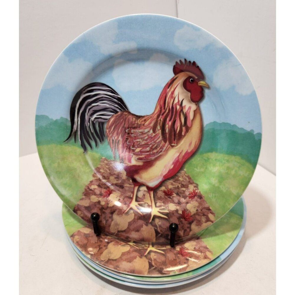 Vintage Trisa Melamine Country Rooster Salad Plates 8" Set Of 5 With Sky & Green